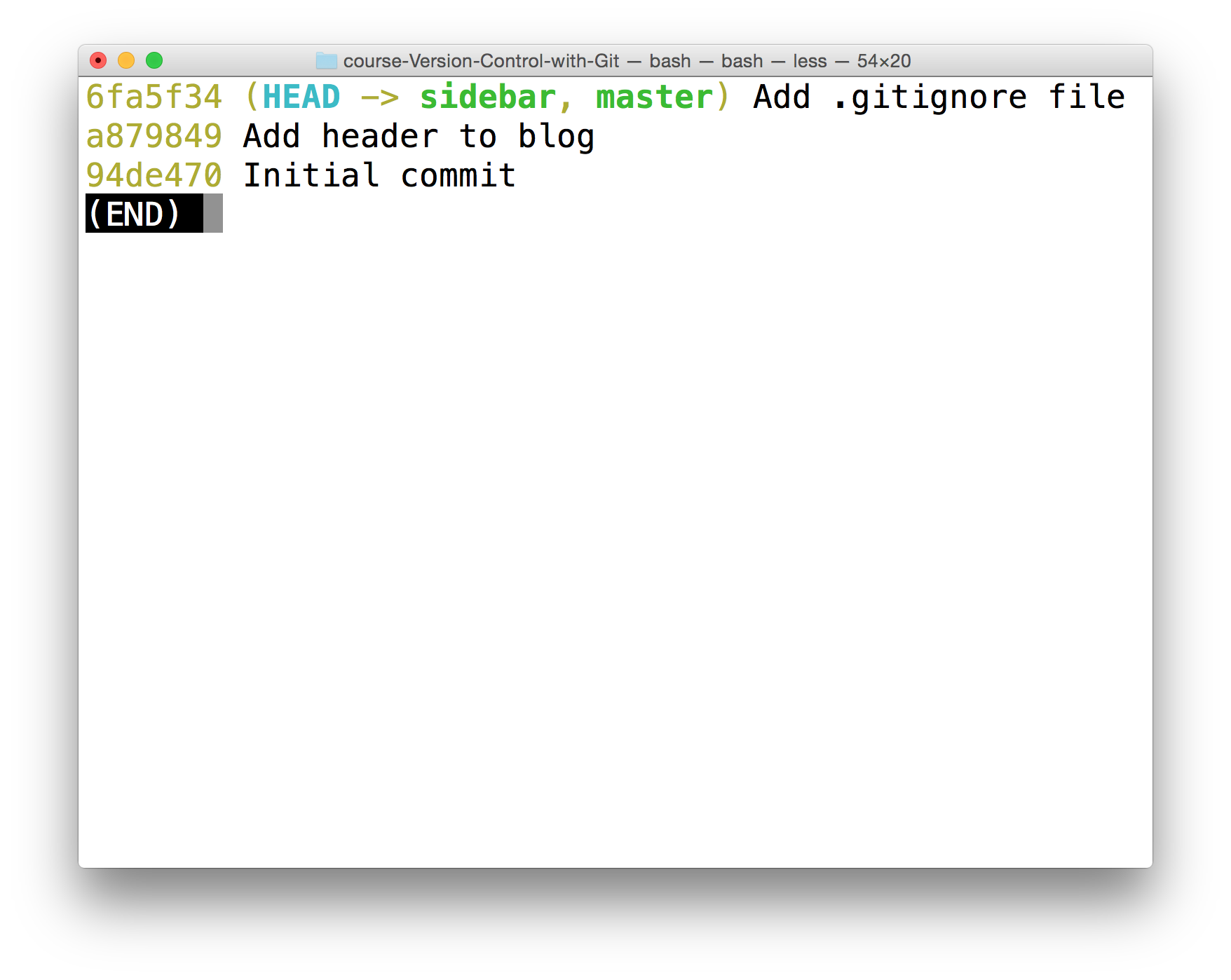 _The Terminal application showing the output of the `git log --oneline --decorate` command. The word "HEAD" has an arrow pointing to "sidebar" which is the active branch._